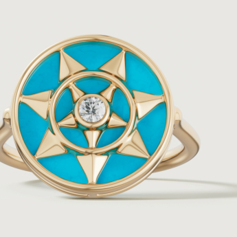 خاتم فرفشة شمس من الذهب الأصفر عيار 18 قيراط مرصع بالفيروز والألماس