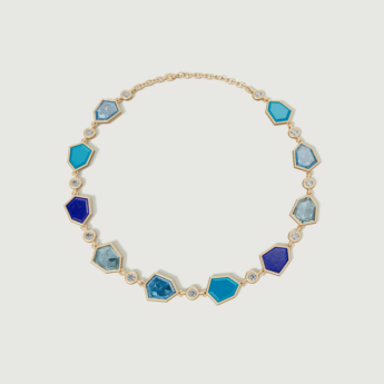 Spring 18k Yellow Gold Bracelet with Turquoise, Lapis Lazuli, Swiss Blue Topaz, London Blue Topaz and Diamond