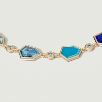 Spring 18k Yellow Gold Bracelet with Turquoise, Lapis Lazuli, Swiss Blue Topaz, London Blue Topaz and Diamond
