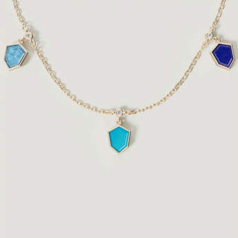 Spring 18k Yellow Gold Necklace with London Blue Topaz, Lapis Lazuli, Turquoise and Diamond 