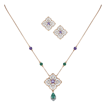 Ananya 18K Gold Diamond, Amethyst & Emerald Pendant & Earrings Set