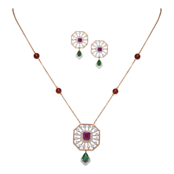 Ananya 18K Gold Diamond, Emerald & Ruby Pendant & Earrings Set