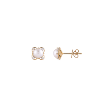 Kiku Cadeau 18k Yellow Gold Pearl and Diamond Earrings