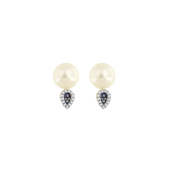 Kiku Cadeau 18k Yellow Gold Pearl, Diamond and Blue Sapphire Earrings