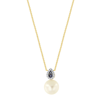 Kiku Cadeau 18k Yellow Gold Pearl, Diamond and Blue Sapphire Necklace