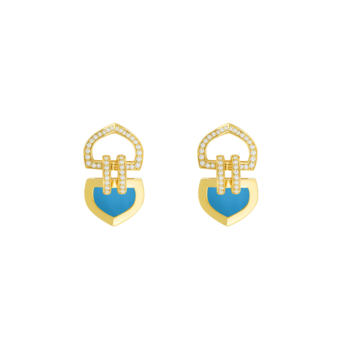 Dome Art Deco Double 18k Yellow Gold Diamond and Turquoise Earrings