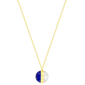 Kiku Glow Sphere Necklace In 18K Yellow Gold With Freshwater Pearl and Lapis Lazuli Stone