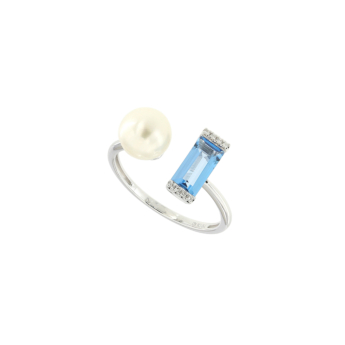 Kiku Sparkle 18K Rose Gold Diamond, Blue Topaz and Pearl Ring