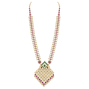 Rangoli 22k Gold Ruby, Emerald & Pearl Long Necklace & Earrings Set