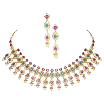 Rangoli 22k Gold Ruby, Emerald & Pearl Short Necklace & Earrings Set