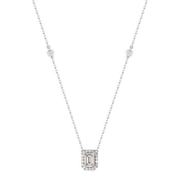 Gaia Emerald Diamond Necklace in 18K White Gold with Diamond Halo