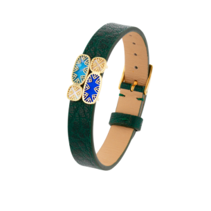 Amelia Granada Coloured Mother Of Pearl Green Double Leather Green Motifs Bracelet in 18K Yellow Gold