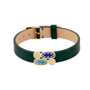 Amelia Granada Coloured Mother Of Pearl Green Double Leather Green Motifs Bracelet in 18K Yellow Gold