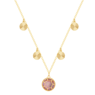 Amelia Roma Multiple Motif Necklace 18K Yellow Gold With Turquoise Pink Coloured Mother of Pearl