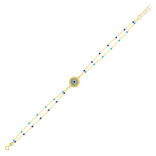 Amelia Athens 18k Yellow Gold Double Chain Bracelet with Blue and White Mother of Pearl and Enamel Beads