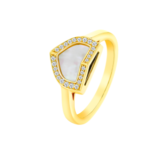 Dome Art Deco Yellow Gold Ring with Mother of Pearl and Diamond