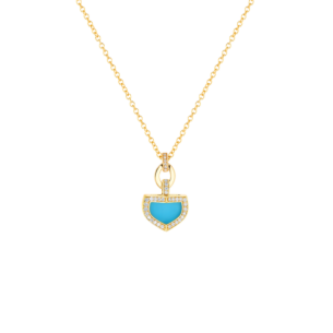 Dome Art Deco Yellow Gold Necklace with Turquoise and Diamond