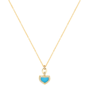 Dome Art Deco Yellow Gold Necklace with Turquoise and Diamond