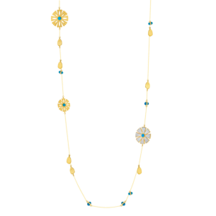 Farfasha Sunkiss Necklace in 18K Yellow Gold With Three Arfaj Flowers, Flower Petals, White MOP and Turquoise