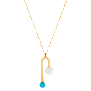 Kiku Glow Necklace in 18K Yellow Gold With a Freshwater Pearl and Turquoise Stone