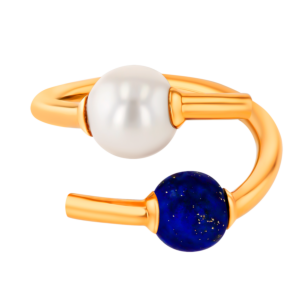 Kiku Glow Open Ring in 18K Yellow Gold With a Freshwater Pearl and a Lapiz Lazuli Stone
