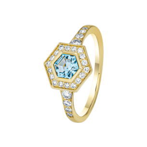 Kanzi Amulet 18k Yellow Gold Blue Topaz and Diamond Ring