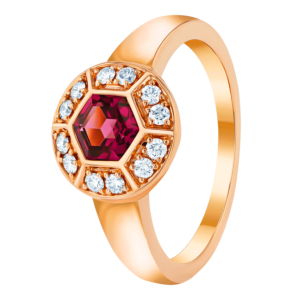 Kanzi Ring in 18K Rose Gold and studded with Raspberry Rhodolite