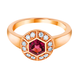 Kanzi Ring in 18K Rose Gold and studded with Raspberry Rhodolite