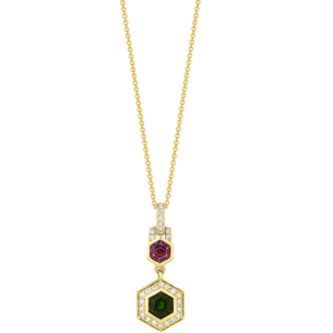 Kanzi Amulet 18k Yellow Gold Rhodolite, Diopside and Diamond Necklace