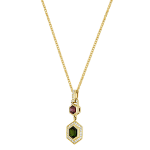 Kanzi Amulet 18k Yellow Gold Rhodolite, Diopside and Diamond Necklace