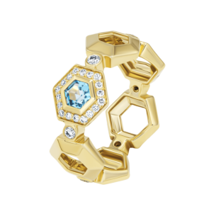 Kanzi Amulet 18k Yellow Gold Blue Topaz and Diamond Ring