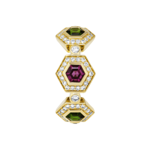 Kanzi Amulet 18k Yellow Gold Rhodolite, Diopside and Diamond Ring