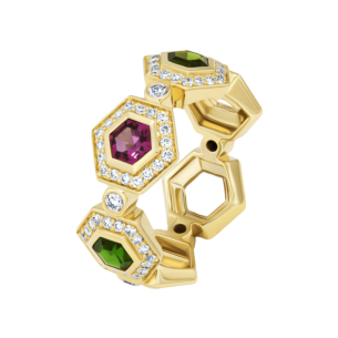 Kanzi Amulet 18k Yellow Gold Rhodolite, Diopside and Diamond Ring