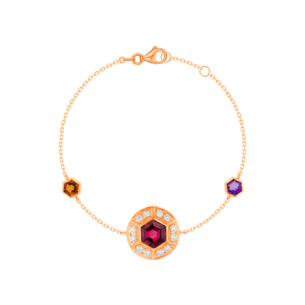 Kanzi Bracelet in 18K Rose Gold and studded with Raspberry Rhodolite Orange Citrine,
and Purple Amethyst