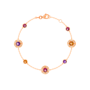 Kanzi Bracelet in 18K Rose Gold and studded with Raspberry Rhodolite Orange Citrine,
and Purple Amethyst