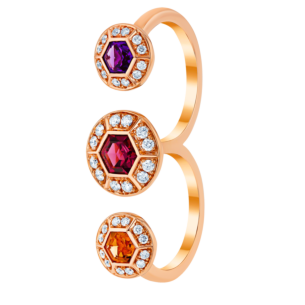 Kanzi Ring in 18K Rose Gold and studded with Raspberry Rhodolite Orange Citrine,
and Purple Amethyst