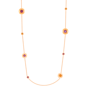 Kanzi Necklace in 18K Rose Gold and studded  with Raspberry Rhodolite Orange Citrine,
and Purple Amethyst