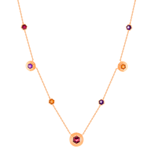 Kanzi Necklace in 18K Rose Gold and studded  with Raspberry Rhodolite Orange Citrine,
and Purple Amethyst