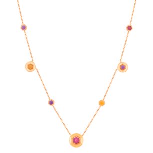 Kanzi Necklace in 18K Rose Gold and studded  with Raspberry Rhodolite Orange Citrine,
and Purple Amethyst