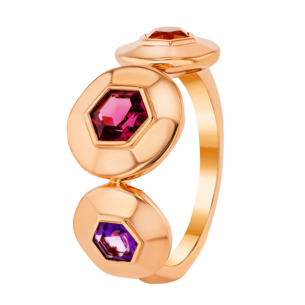 Kanzi Ring in 18K Rose Gold and studded with Raspberry Rhodolite Orange Citrine,
and Purple Amethyst