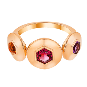 Kanzi Ring in 18K Rose Gold and studded with Raspberry Rhodolite Orange Citrine,
and Purple Amethyst