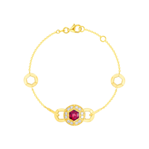 Kanzi Bracelet In 18K Yellow Gold And Studded With Raspberry Rhodolite And Diamond