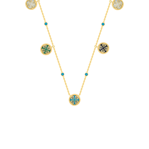 Lace Petite Yellow Gold Diamond Necklace with Condensed Turquoise, Lapis Lazuli, Malachite and Mother of Pearl