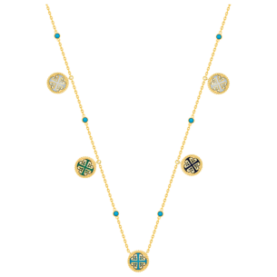 Lace Petite Yellow Gold Diamond Necklace with Condensed Turquoise, Lapis Lazuli, Malachite and Mother of Pearl