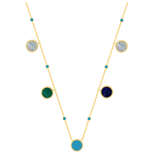 Lace Petite Yellow Gold Diamond Necklace with Condensed Turquoise, Lapis Lazuli, Malachite and Mother of Pearl