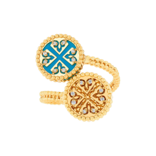 Lace Double Medallion Open Ring in 18K Rose Gold With Turquoise And Diamonds