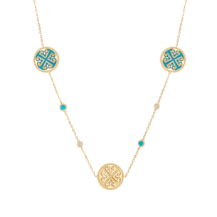 Lace Turquoise Stone Diamond Necklace in 18K Yellow Gold