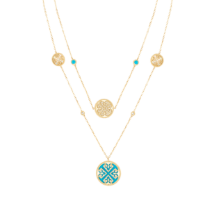 Lace Turquoise Stone with White Mother of Pearl Diamond Two Layerd Necklace in 18K Yellow Gold