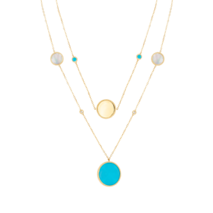 Lace Turquoise Stone with White Mother of Pearl Diamond Two Layerd Necklace in 18K Yellow Gold