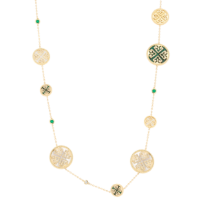 Lace Mixed Motif Malachite, White Mother of Pearl and Diamond Tin Cup Necklace